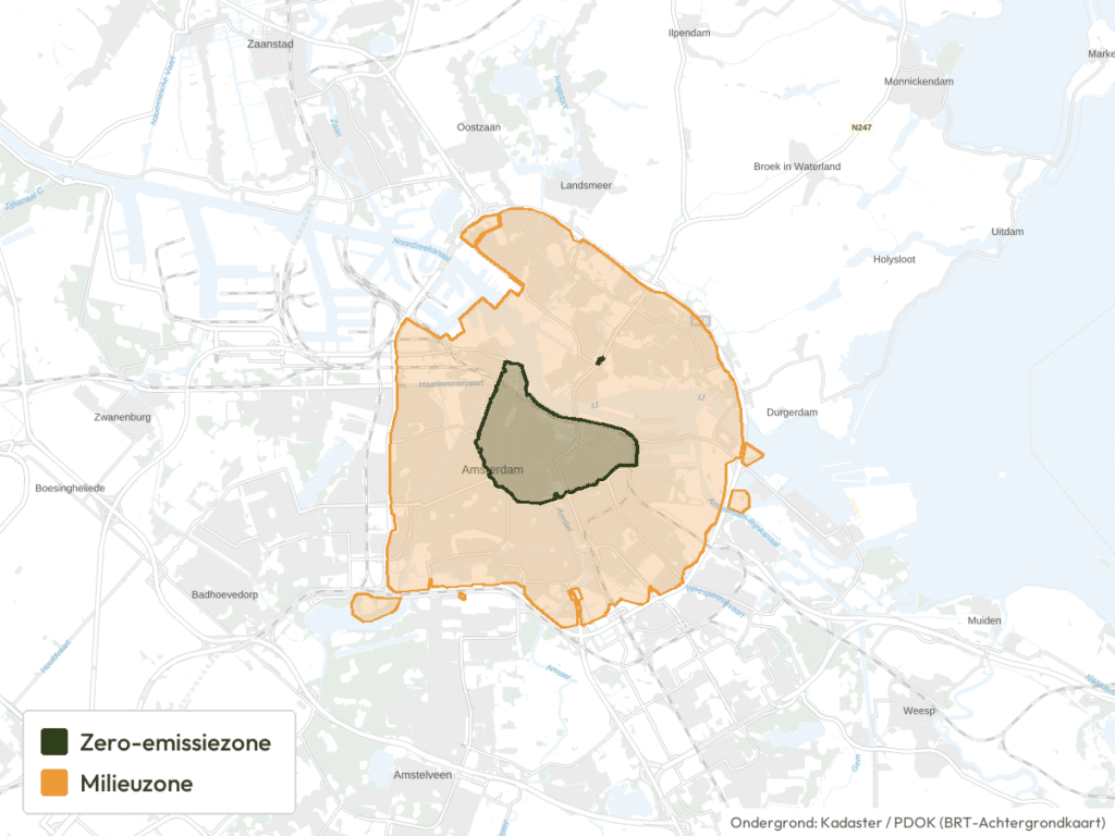 Kaart van Amsterdam met de milieu- en zero-emissiezones