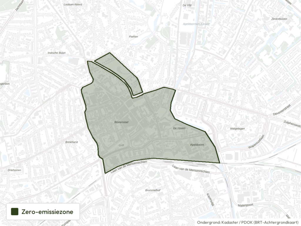 Kaart van Apeldoorn met de grens van de zero-emissiezone
