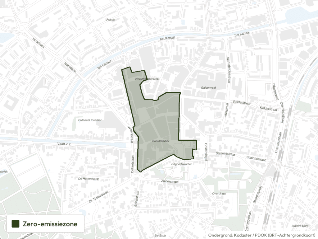 Kaart van Assen met de grens van de zero-emissiezone