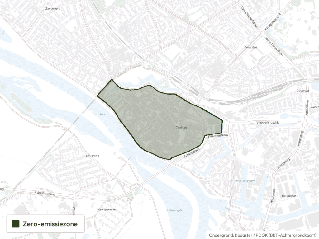 Kaart van Deventer met de grens van de zero-emissiezone