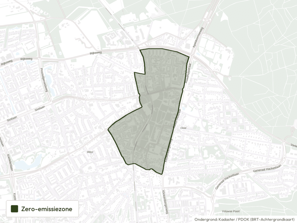 Kaart van Ede met de grens van de zero-emissiezone