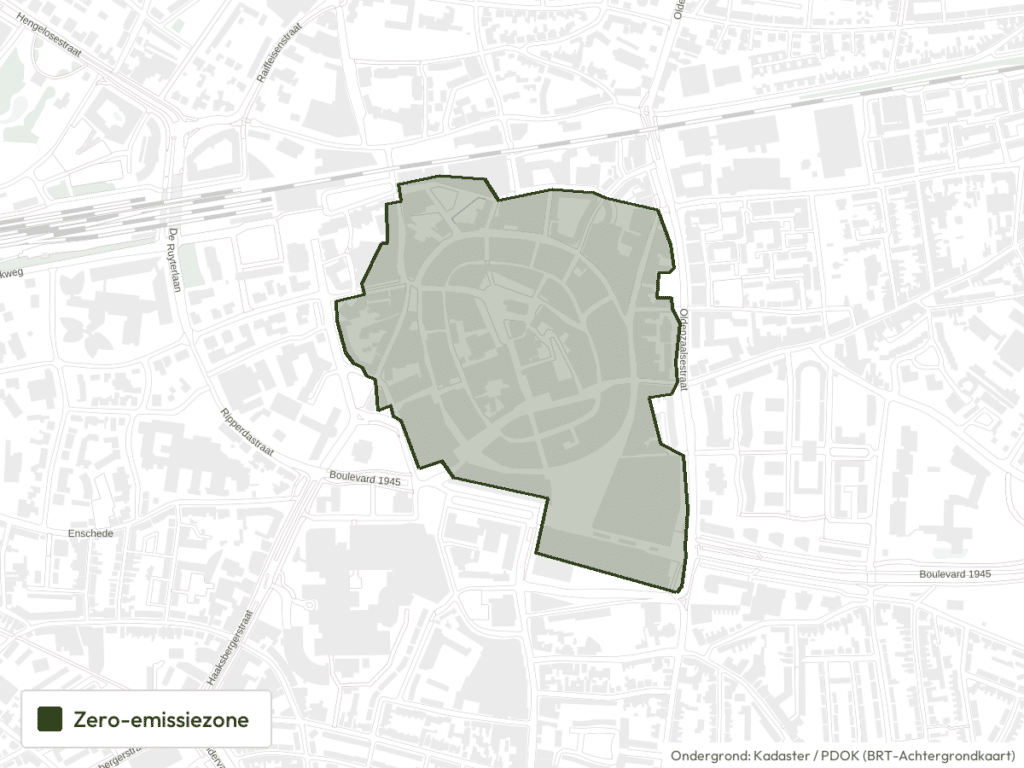 Kaart van Enschede met de grens van de zero-emissiezone