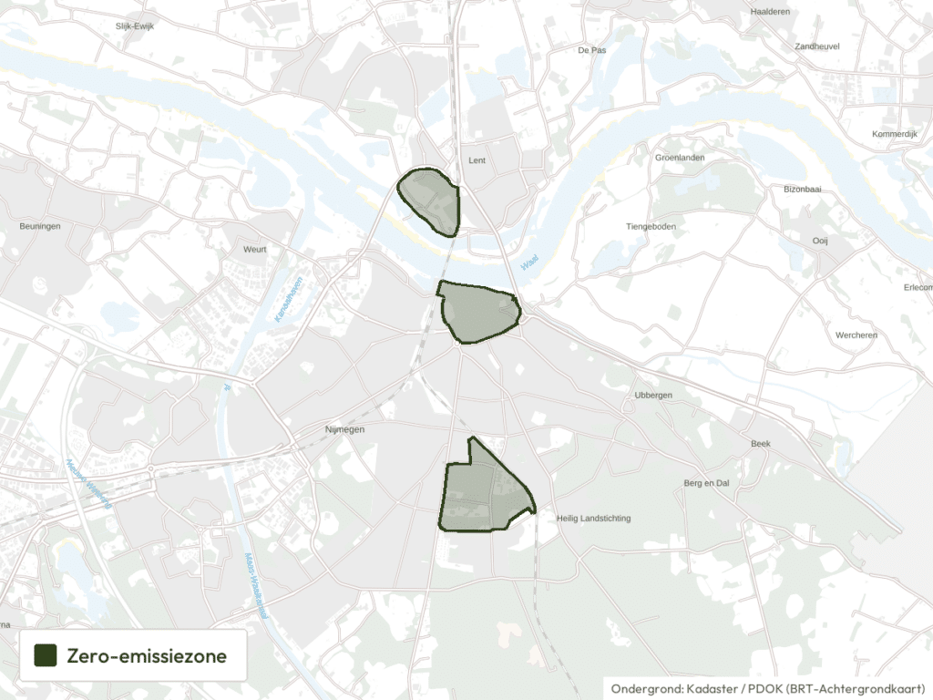 Kaart van Nijmegen met de grens van de zero-emissiezone