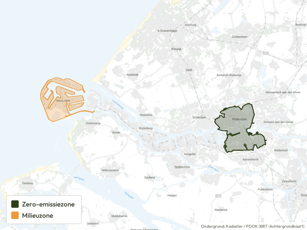 Kaart van Rotterdam met de milieu- en zero-emissiezones