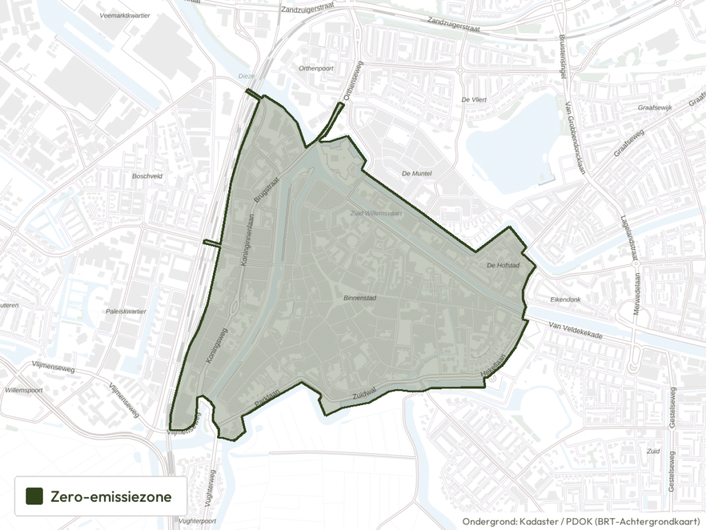 Kaart van 's-Hertogenbosch met de zero-emissiezone